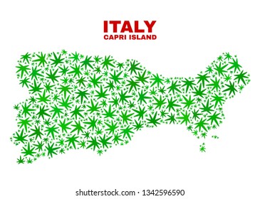 Vector cannabis Capri Island map mosaic. Concept with green weed leaves for weed legalize campaign. Vector Capri Island map is designed with marijuana leaves.