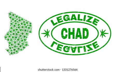 Vector cannabis Chad map mosaic and grunge textured Legalize stamp seal. Concept with green weed leaves. Concept for cannabis legalize campaign. Vector Chad map is designed from weed leaves.