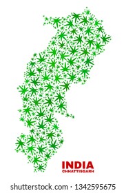 Vector cannabis Chhattisgarh State map collage. Template with green weed leaves for hemp legalize campaign. Vector Chhattisgarh State map is constructed with cannabis leaves.