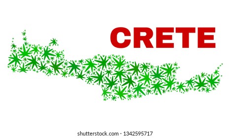 Vector cannabis Crete map collage. Concept with green weed leaves for weed legalize campaign. Vector Crete map is created with weed leaves.