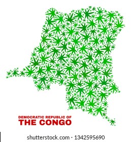 Vector cannabis Democratic Republic of the Congo map collage. Template with green weed leaves for weed legalize campaign. Vector Democratic Republic of the Congo map is composed with cannabis leaves.
