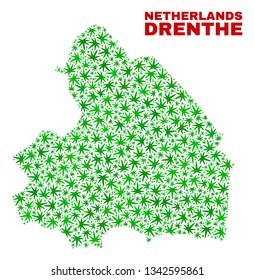 Vector cannabis Drenthe Province map mosaic. Concept with green weed leaves for weed legalize campaign. Vector Drenthe Province map is designed with cannabis leaves.
