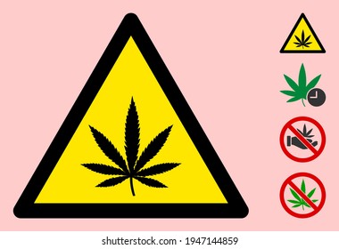 Signo de advertencia plana de cannabis vectorial. El icono Triángulo utiliza colores negro y amarillo. El estilo de símbolo es un signo de riesgo de cannabis plano en un fondo rosado. Iconos diseñados para señales de precaución, señales de carretera,