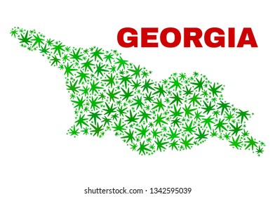 Vector cannabis Georgia map mosaic. Template with green weed leaves for cannabis legalize campaign. Vector Georgia map is constructed with cannabis leaves.