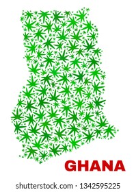 Vector cannabis Ghana map mosaic. Template with green weed leaves for cannabis legalize campaign. Vector Ghana map is organized with weed leaves.