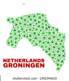 Vector cannabis Groningen Province map collage. Concept with green weed leaves for weed legalize campaign. Vector Groningen Province map is constructed with cannabis leaves.
