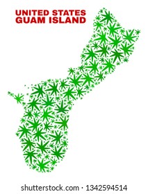 Vector cannabis Guam Island map mosaic. Concept with green weed leaves for weed legalize campaign. Vector Guam Island map is composed with ganja leaves.