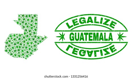 Vector cannabis Guatemala map collage and grunge textured Legalize stamp seal. Concept with green weed leaves. Concept for cannabis legalize campaign. Vector Guatemala map is composed of weed leaves.