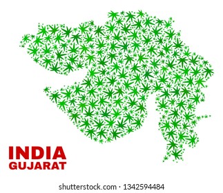 Vector cannabis Gujarat State map mosaic. Concept with green weed leaves for cannabis legalize campaign. Vector Gujarat State map is composed with weed leaves.