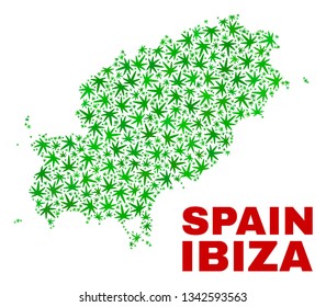 Vector cannabis Ibiza Island map collage. Concept with green weed leaves for weed legalize campaign. Vector Ibiza Island map is constructed with weed leaves.