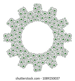 Vector cannabis icons are composed into gear wheel figure. Mechanical design concept constructed of cannabis icons.