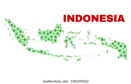 Vector cannabis Indonesia map collage. Concept with green weed leaves for cannabis legalize campaign. Vector Indonesia map is constructed with cannabis leaves.