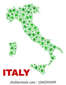 Vector cannabis Italy map mosaic. Concept with green weed leaves for weed legalize campaign. Vector Italy map is organized of weed leaves.