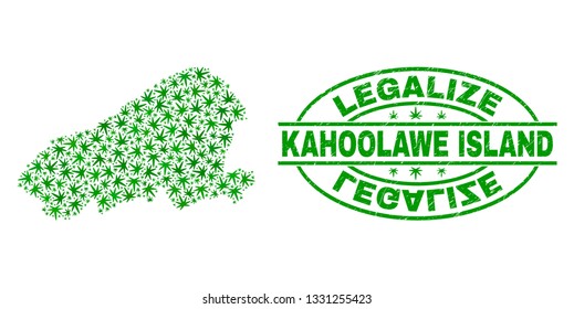 Vector cannabis Kahoolawe Island map collage and grunge textured Legalize stamp seal. Concept with green weed leaves. Concept for cannabis legalize campaign.
