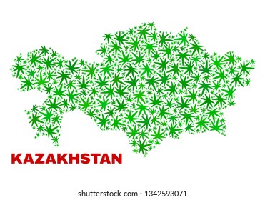 Vector cannabis Kazakhstan map mosaic. Template with green weed leaves for weed legalize campaign. Vector Kazakhstan map is organized with weed leaves.