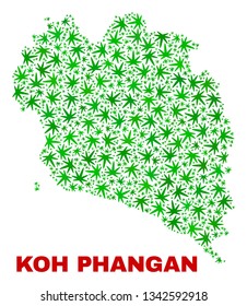Vector cannabis Koh Phangan map mosaic. Concept with green weed leaves for weed legalize campaign. Vector Koh Phangan map is constructed of weed leaves.