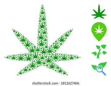 Vector cannabis leaf collage is formed from scattered self cannabis leaf icons. Recursive collage for cannabis leaf. Some other icons are present in this vector.