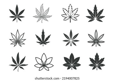 Vector Cannabis Leaf Collection In Different Styles. Marijuana Leaf Silhouette Set. Medical Hemp. Design Element For Emblem, Sign, Badges.