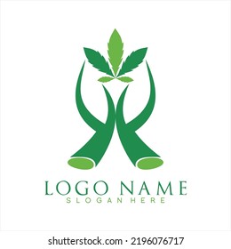 Vector cannabis leaf design logo with abstract hand illustration.