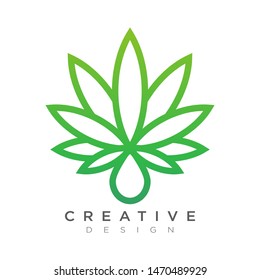 Vector of cannabis leaf with falling water drops. Design health and beauty logos for brands or labels.