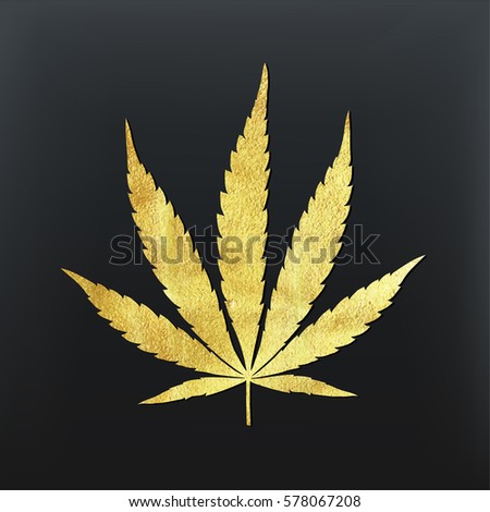 Vector cannabis leaf illustration - golden glitter foil plant silhouette isolated on black, medical marijuana indica sort.