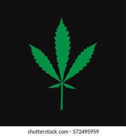 Vector cannabis leaf illustration - green plant isolated on black, medical marijuana drawing silhouette.