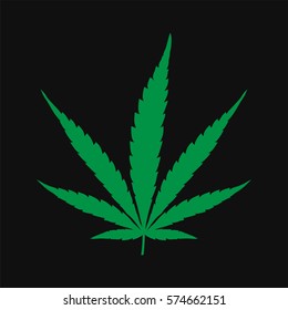 Vector cannabis leaf illustration - green plant isolated on black, medical marijuana drawing silhouette.