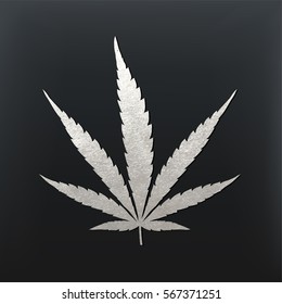 Vector cannabis leaf illustration - silver glitter foil plant silhouette isolated on black, medical marijuana indica sort.