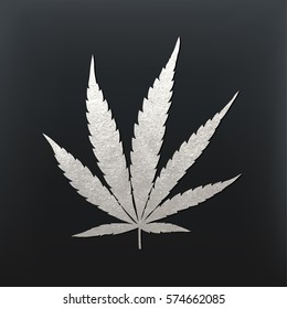 Vector cannabis leaf illustration - silver glitter foil plant silhouette isolated on black, medical marijuana indica sort.