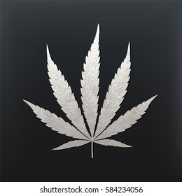 Vector cannabis leaf illustration - silver glitter foil plant silhouette isolated on black, medical marijuana indica sort.