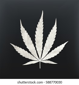Vector cannabis leaf illustration - silver glitter foil plant silhouette isolated on black, medical marijuana indica sort.