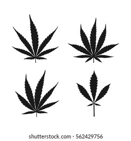 Vector cannabis leaves set - black plant isolated on white, medical and farm marijuana silhouettes.