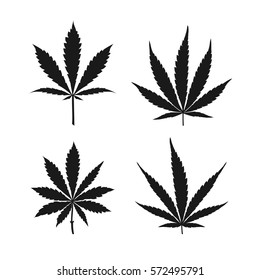 Vector cannabis leaves set - black plant isolated on white, medical and farm marijuana silhouettes.