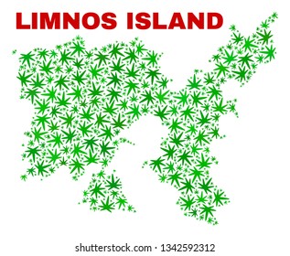 Vector cannabis Limnos Island map collage. Concept with green weed leaves for cannabis legalize campaign. Vector Limnos Island map is composed with cannabis leaves.