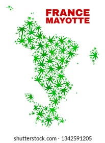 Vector cannabis Mayotte Islands map mosaic. Concept with green weed leaves for weed legalize campaign. Vector Mayotte Islands map is formed of weed leaves.