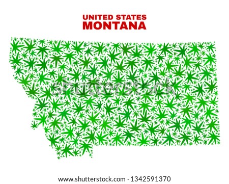 Vector cannabis Montana State map collage. Template with green weed leaves for hemp legalize campaign. Vector Montana State map is designed with cannabis leaves.