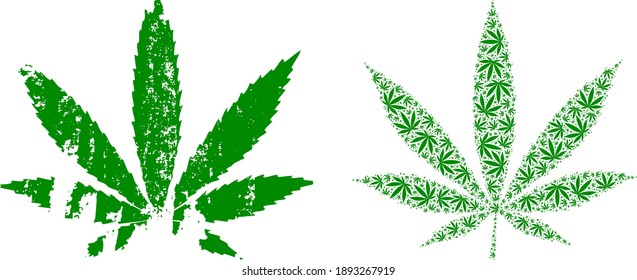 El mosaico de cannabis vectorial está formado por ítems de cannabis recursivos dispersos. Icono texturizado de cannabis. Mosaico fractal de cannabis.