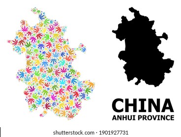 Vector Cannabis Mosaik und solide Karte der Provinz Anhui. Karte der Provinz Anhui Vektor Mosaik für Cannabis legalisieren Kampagne. Karte der Provinz Anhui ist mit bunten Blättern von Unkraut.