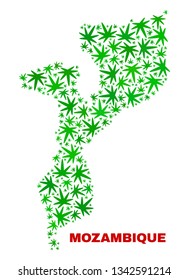 Vector cannabis Mozambique map mosaic. Concept with green weed leaves for weed legalize campaign. Vector Mozambique map is created with cannabis leaves.