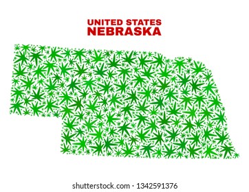 Vector cannabis Nebraska State map collage. Template with green weed leaves for cannabis legalize campaign. Vector Nebraska State map is created with cannabis leaves.