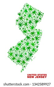 Vector cannabis New Jersey State map mosaic. Template with green weed leaves for hemp legalize campaign. Vector New Jersey State map is composed with weed leaves.