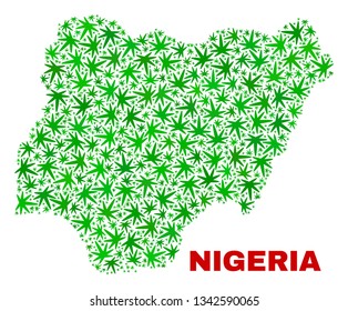 Vector cannabis Nigeria map collage. Concept with green weed leaves for weed legalize campaign. Vector Nigeria map is composed with weed leaves.