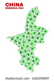 Vector cannabis Ningxia Hui Region map collage. Concept with green weed leaves for hemp legalize campaign. Vector Ningxia Hui Region map is composed with cannabis leaves.