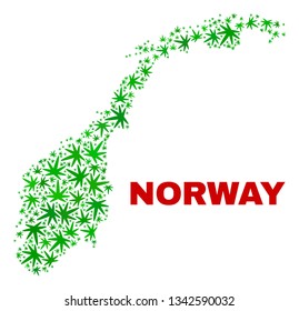 Vector cannabis Norway map mosaic. Template with green weed leaves for cannabis legalize campaign. Vector Norway map is created with weed leaves.