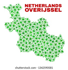 Vector cannabis Overijssel Province map mosaic. Concept with green weed leaves for marijuana legalize campaign. Vector Overijssel Province map is formed with marijuana leaves.