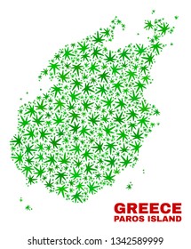 Vector cannabis Paros Island map mosaic. Concept with green weed leaves for cannabis legalize campaign. Vector Paros Island map is formed of cannabis leaves.
