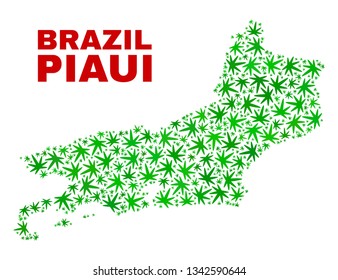 Vector cannabis Piaui State map mosaic. Template with green weed leaves for cannabis legalize campaign. Vector Piaui State map is designed from cannabis leaves.