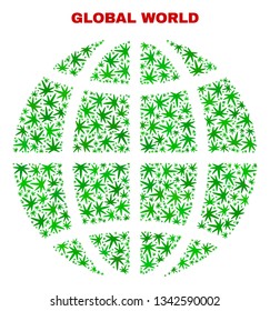 Vector cannabis planet globe collage. Template with green weed leaves for hemp legalize campaign. Vector planet globe is formed with weed leaves.