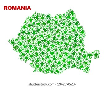 Vector cannabis Romania map collage. Concept with green weed leaves for cannabis legalize campaign. Vector Romania map is designed of weed leaves.