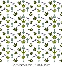 Patrón de cannabis vectorial sin costura, hojas de marihuana, articulaciones, cigarrillos.
